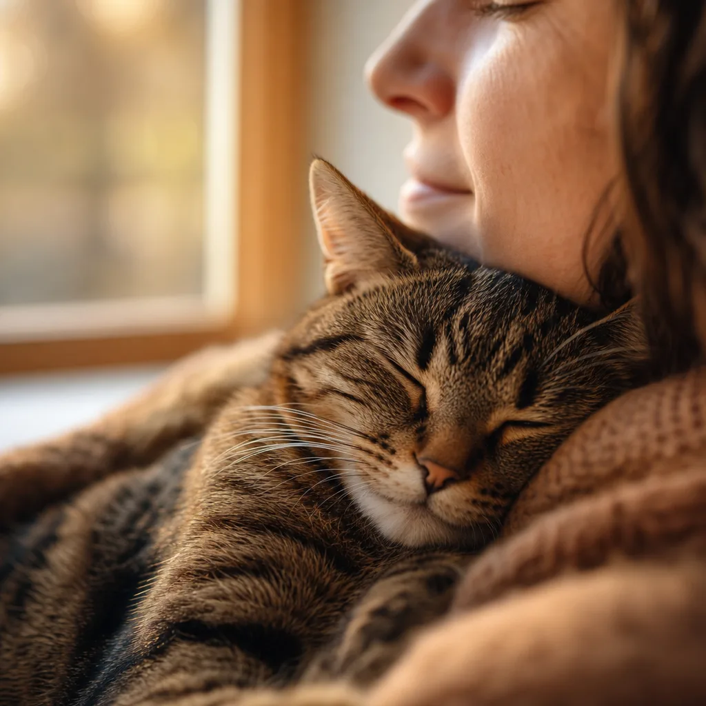 A cat mom lovingly resting her cheek against her cat