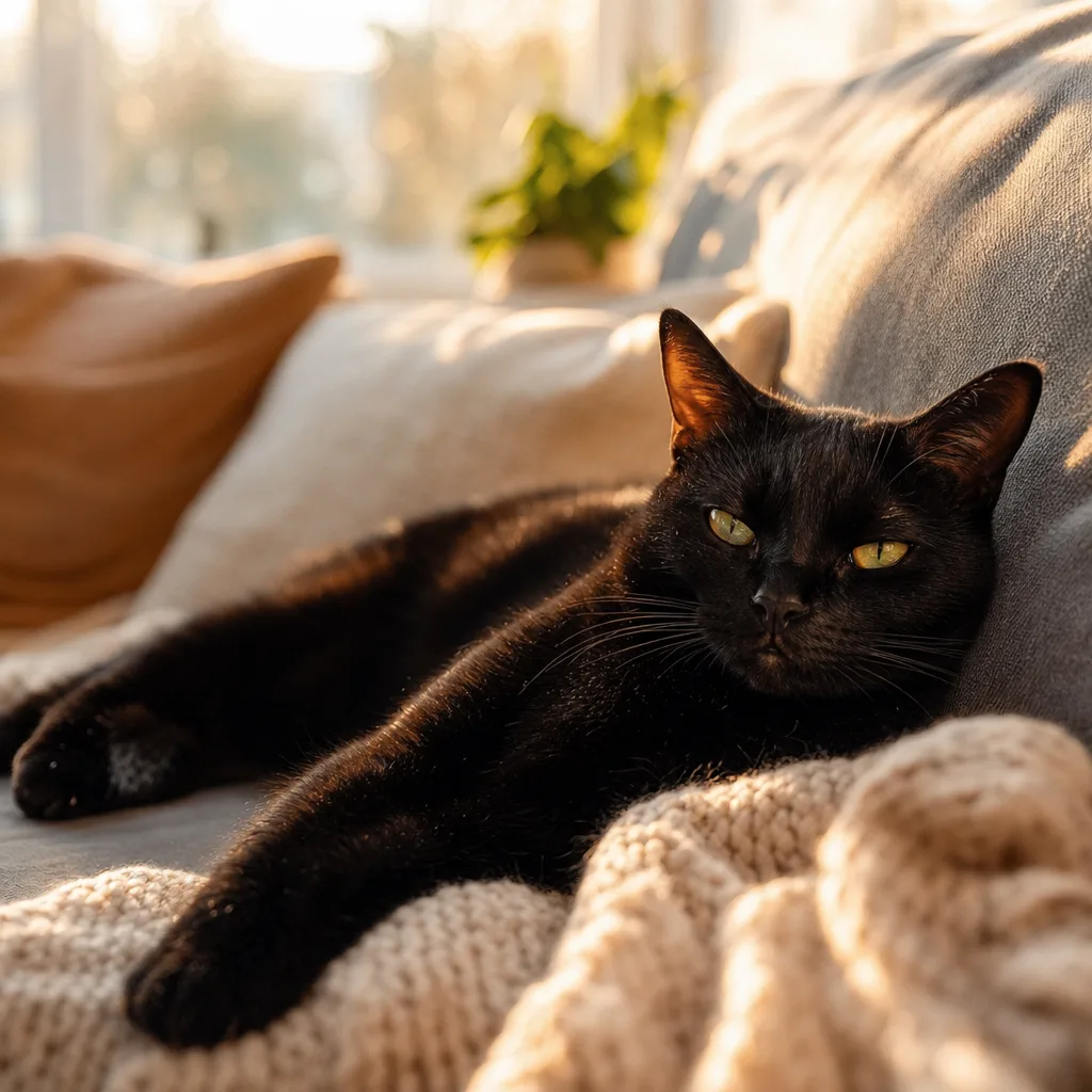 A sleek black cat lounging comfortably