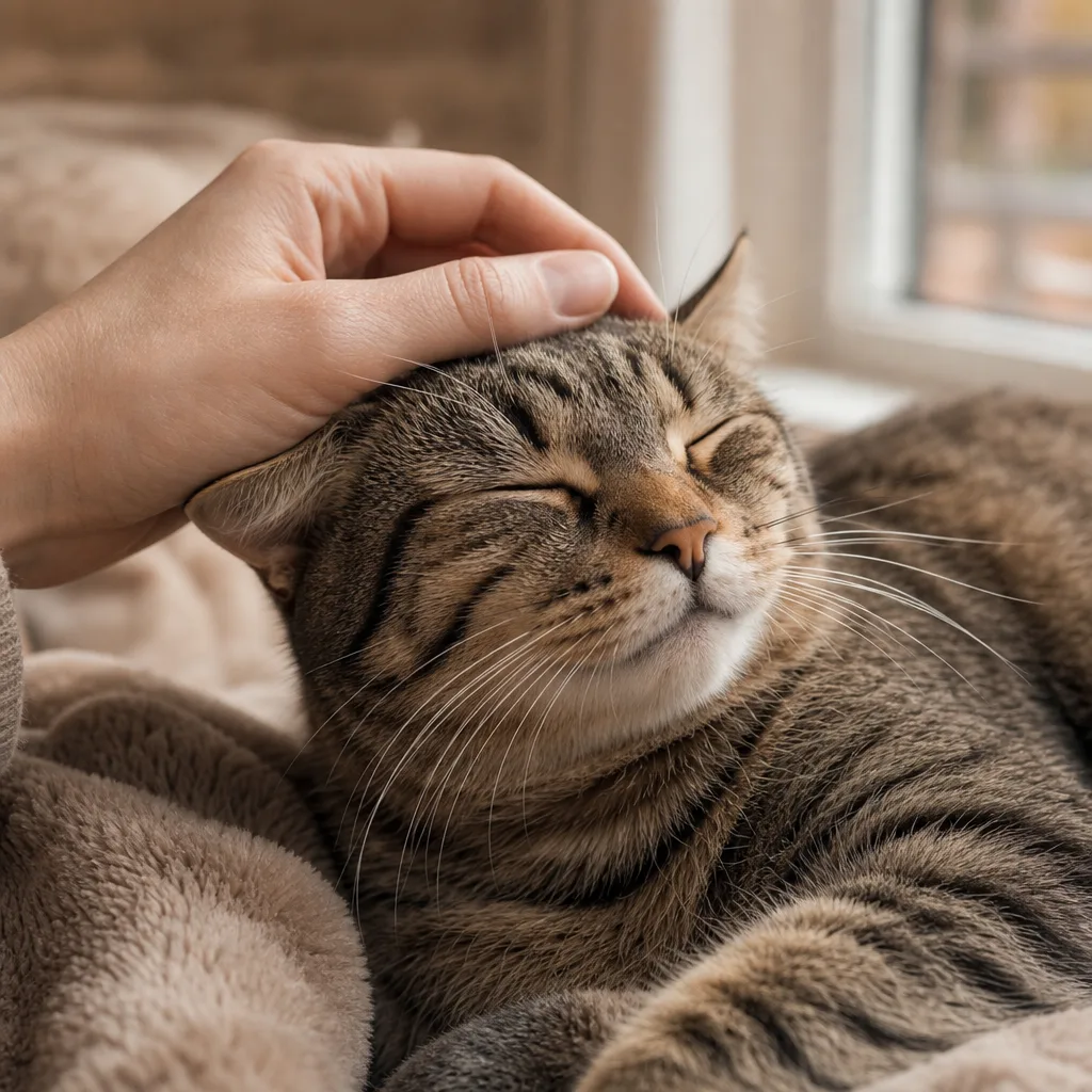 A hand gently resting on a calm, contented cat