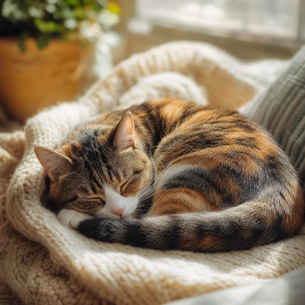 A content cat curled up and resting peacefully on a cozy blanket
