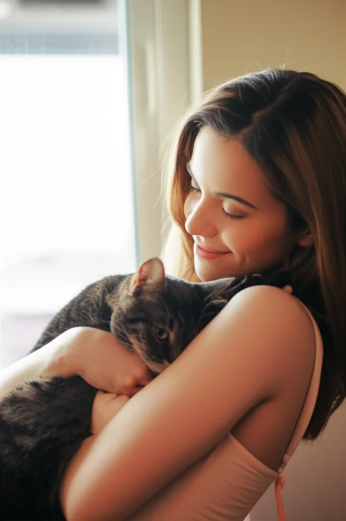 A cat mom lovingly cuddling her cat with eyes closed, feeling deeply connected through a cat psychic reading