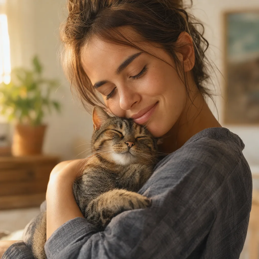 A woman at peace, gently cuddling her cat after her reading